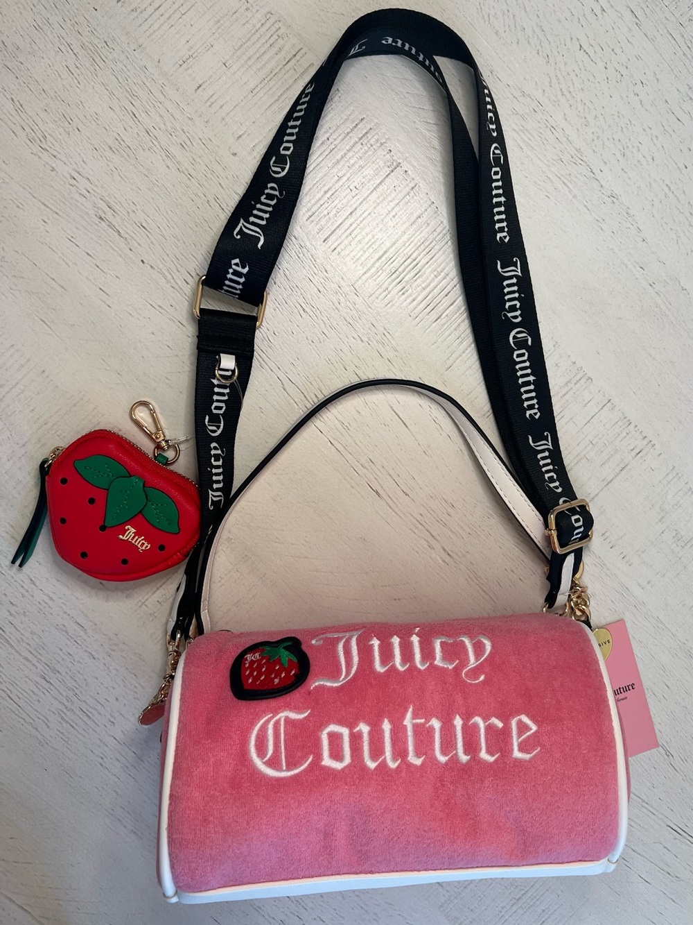 Juicy Couture Pink Velvet Barrel Bag with Strawberry Coin Charm